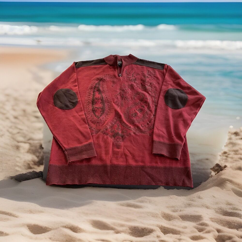 Royal Prestige Embroidery Quarter Zip Sweater Elbow Patch Burgundy Men Size 3XL